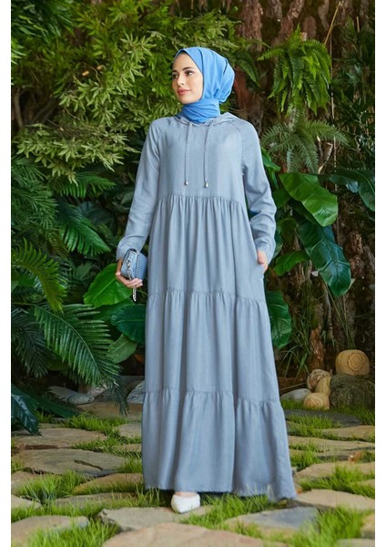 6531 - Denım Kapşonlu Reglan Kollu Elbise Mavi