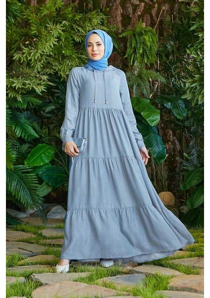 6531 - Denım Kapşonlu Reglan Kollu Elbise Mavi fiyatları