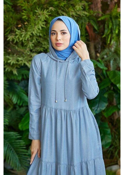 6531 - Denım Kapşonlu Reglan Kollu Elbise Mavi modelleri