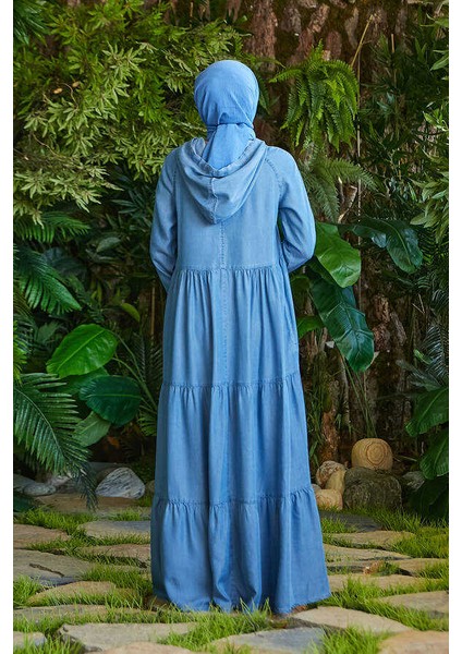 6531 - Denım Kapşonlu Reglan Kollu Elbise Mavi fırsatları