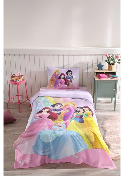 Princess Rainbow Tek Kişilik Disney Lisanslı Lastikli Fitted Çarşaf Çocuk Pike Takımı