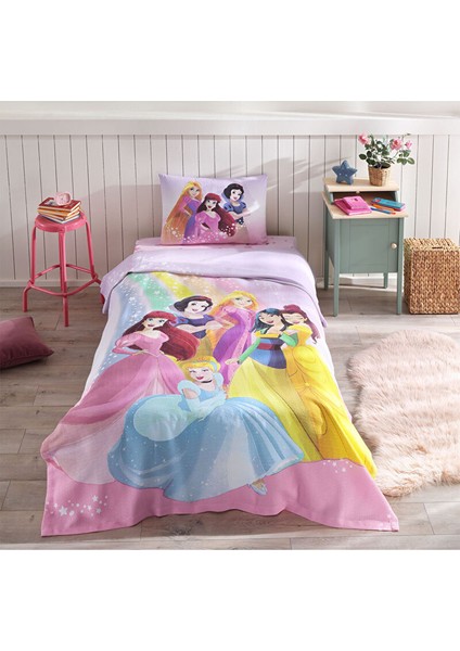 Princess Rainbow Tek Kişilik Disney Lisanslı Lastikli Fitted Çarşaf Çocuk Pike Takımı