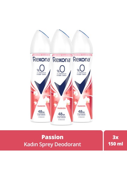 Kadın Sprey Deodorant Passion %0 Alüminyum 48 Saat Ter Kokusuna Karşı Koruma 150 ml x3