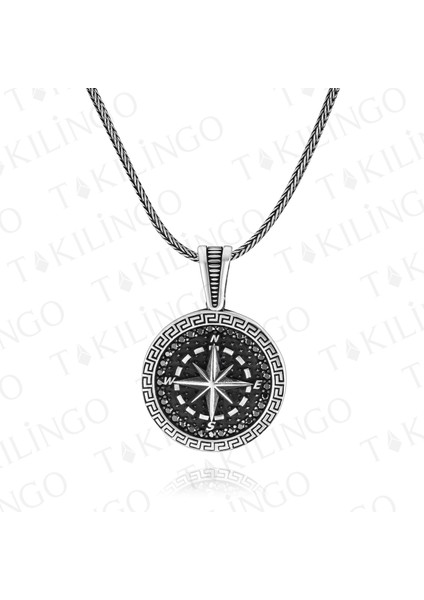 925 Ayar Gümüş Mikro Zirkon Taşlı Pusula Motifli Erkek Kolye