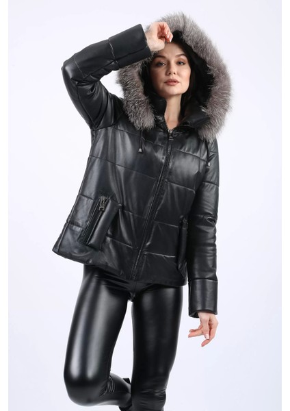 Lux Kürk Kapüşonlu Hakiki Deri Şişme Mont 107022