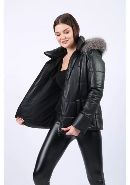 Lux Kürk Kapüşonlu Hakiki Deri Şişme Mont 107022 fırsatları