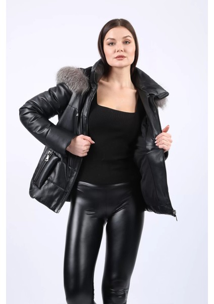 Lux Kürk Kapüşonlu Hakiki Deri Şişme Mont 107022 indirimleri