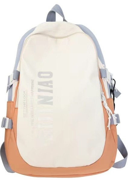 Simple High School Student Large Capacity Backpack - Beyaz / Turuncu (Yurt Dışından)