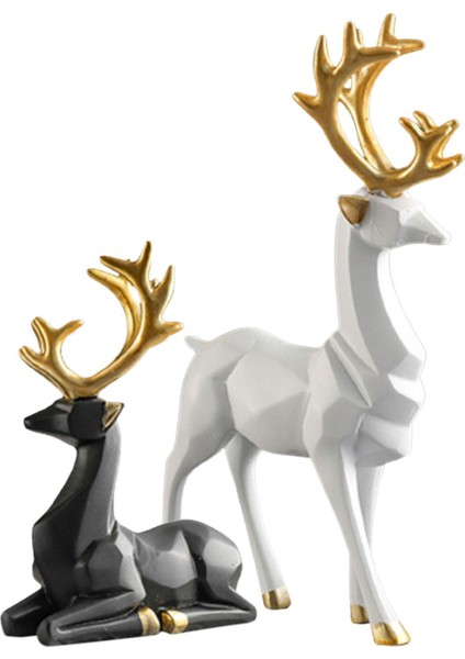2x Ren Geyiği Heykelleri Heykelcik Hayvanları Geyik Çift Geyik Heykel Dekor Beyaz + Siyah (Yurt Dışından)