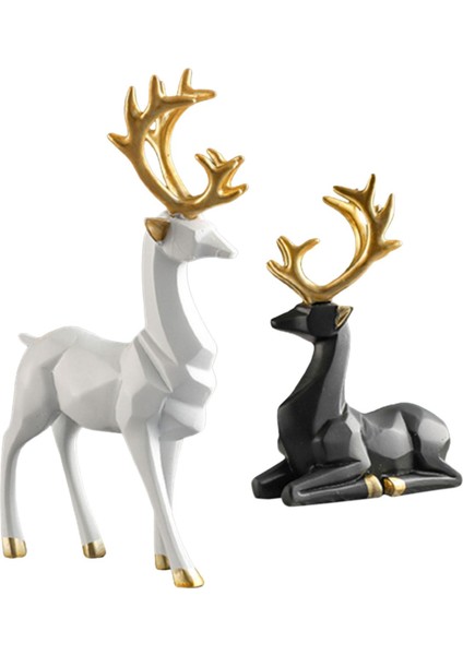 2x Ren Geyiği Heykelleri Heykelcik Hayvanları Geyik Çift Geyik Heykel Dekor Beyaz + Siyah (Yurt Dışından) fiyatları