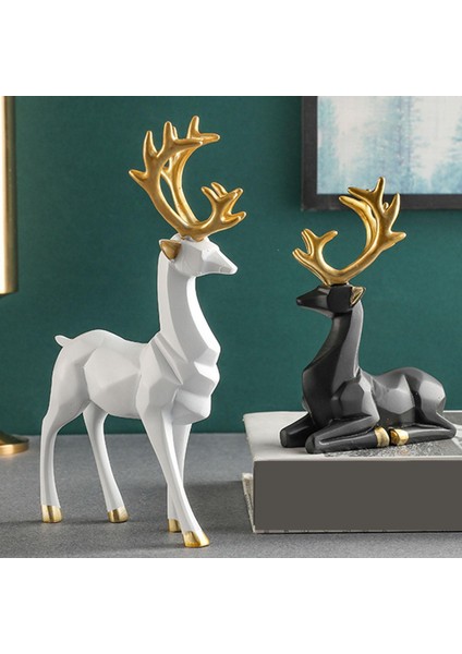 2x Ren Geyiği Heykelleri Heykelcik Hayvanları Geyik Çift Geyik Heykel Dekor Beyaz + Siyah (Yurt Dışından) modelleri