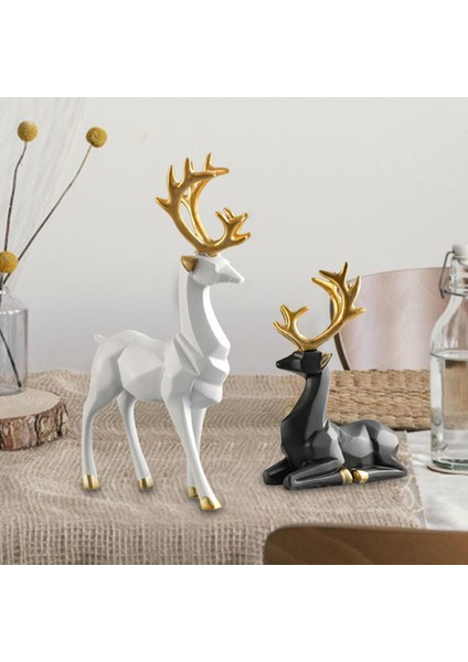 2x Ren Geyiği Heykelleri Heykelcik Hayvanları Geyik Çift Geyik Heykel Dekor Beyaz + Siyah (Yurt Dışından) indirimleri