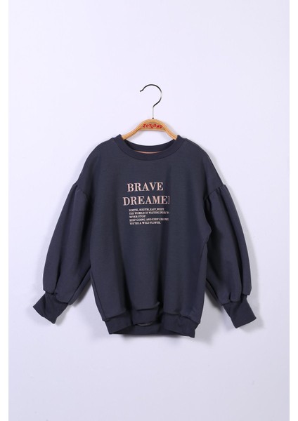 Kız Çocuk Balon Kol Yazı Baskılı Sweatshirt