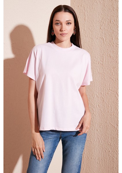 Oversize % 100 Pamuk Bisiklet Yaka Basic Bayan T Shirt 5864489