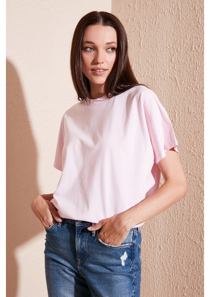 Oversize % 100 Pamuk Bisiklet Yaka Basic Bayan T Shirt 5864489 fiyatları