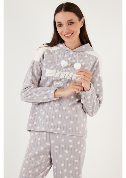 Desenli Regular Fit Kapüşonlu Polar Pijama Takımı Bayan Pijama Takımı 6571001