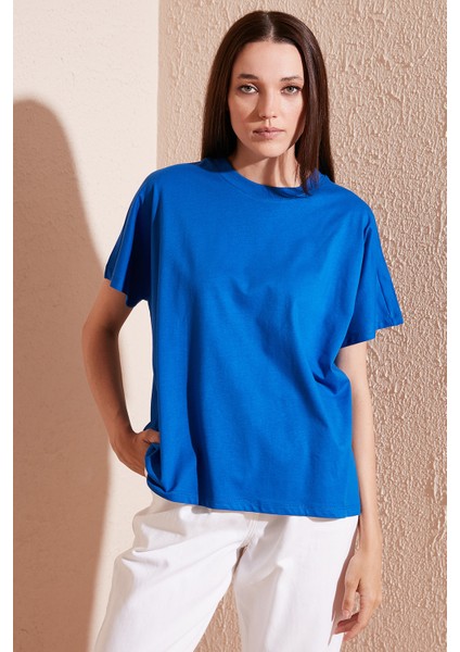 Oversize % 100 Pamuk Bisiklet Yaka Basic Bayan T Shirt 5864489