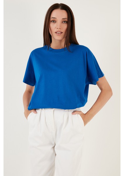 Oversize % 100 Pamuk Bisiklet Yaka Basic Bayan T Shirt 5864489