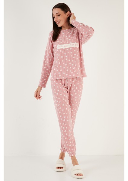 Regular Fit Bisiklet Yaka Polar Pijama Takımı Bayan Pijama Takımı 6571007
