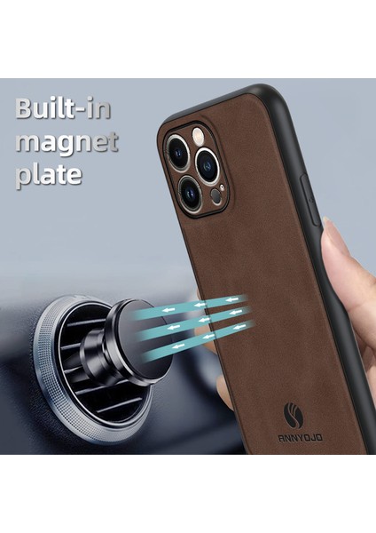 Apple iPhone 14 Pro Pu Deri Kaplamalı Pc+Tpu Kasa Desteği Manyetik Araç Montajı (Yurt Dışından)