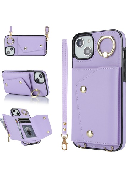 Apple iPhone 13 Mini Pu Deri Kaplamalı Tpu Döner Yüzük Kickstand Telefon Kasası Fermuarlı Cüzdan Telefon Kapağı (Yurt Dışından)
