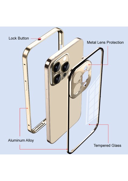 Apple iPhone 14 Pro Güvenlik Kilidi Telefon Kılıfı Alüminyum Alaşım+Temperli Cam Çift Taraflı Koruma Kapağı (Yurt Dışından) fırsatları