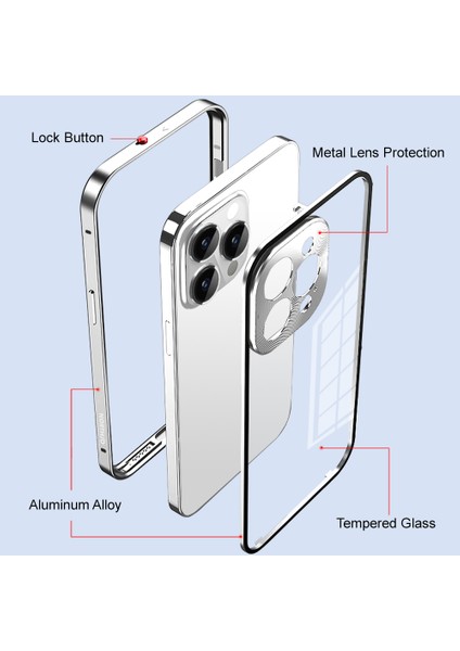 Apple iPhone 14 Pro Güvenlik Kilidi Telefon Kılıfı Alüminyum Alaşım+Temperli Cam Çift Taraflı Koruma Kapağı (Yurt Dışından)