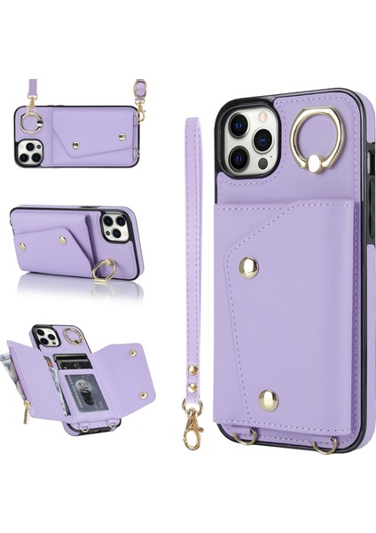 Apple iPhone 12 Pro Ring Kickstand Pu Deri Kaplamalı Tpu Arka Kapak Fermuarlı Cüzdanlı Telefon Kasası (Yurt Dışından)