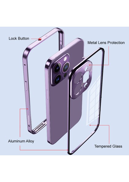 Apple iPhone 14 Pro Güvenlik Kilidi Telefon Kılıfı Alüminyum Alaşım+Temperli Cam Çift Taraflı Koruma Kapağı (Yurt Dışından)