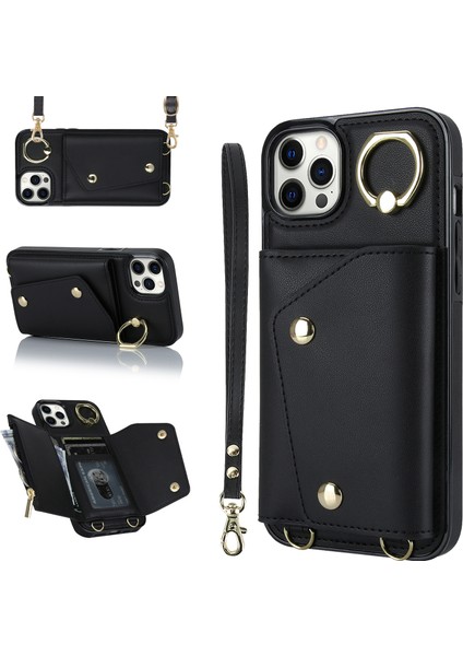 Apple iPhone 12 Pro Ring Kickstand Pu Deri Kaplamalı Tpu Arka Kapak Fermuarlı Cüzdanlı Telefon Kasası (Yurt Dışından) fiyatları