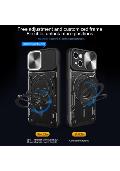 Apple iPhone 14 Slide Kamera Kapağı Arka Kapak Pc+Tpu Telefon Kılıfı ile Rotatable Kickstand (Yurt Dışından)