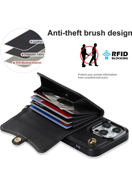 Apple iPhone 12 /12 Pro Pu Deri +Tpu Telefon Kılıf Kart Yuvaları Rfıd Engelleme Kickstand Kapağını Kısa +Uzun Kayışlarla (Yurt Dışından)