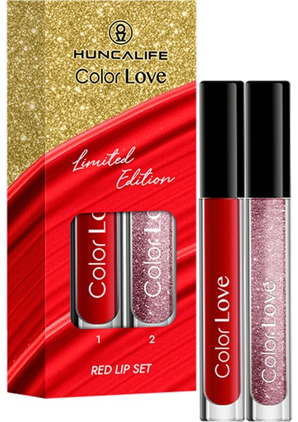 Color Love Mat Likit Dudak Ruj - Kırmızı + Huncalife Color Love Simli Dudak Parlatıcısı