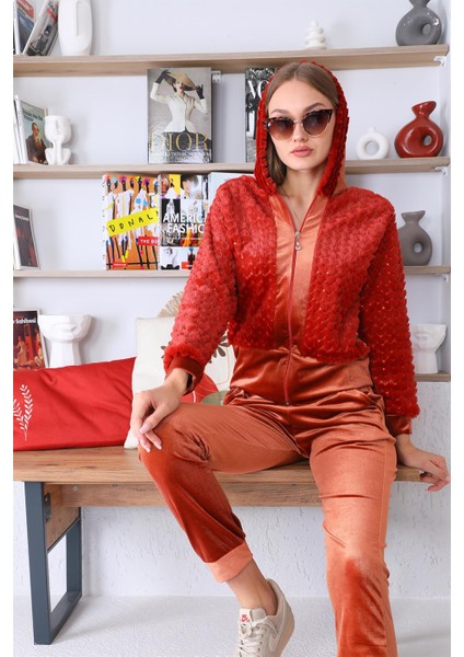 Taba Peluş Kadife Kadın Eşofman Takımı