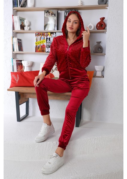 Bordo Peluş Kadife Kadın Eşofman Takımı