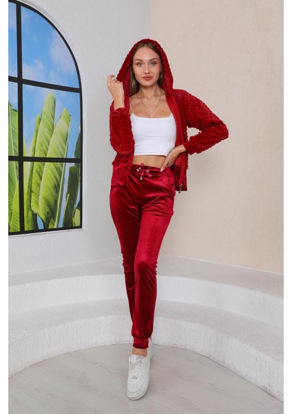 Bordo Peluş Kadife Kadın Eşofman Takımı fiyatları