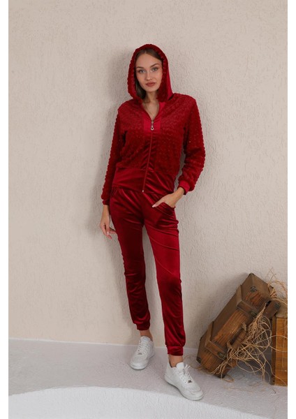 Bordo Peluş Kadife Kadın Eşofman Takımı modelleri