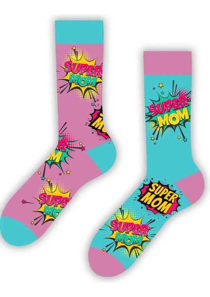 Sağlı Sollu Super Mom Desenli Renkli Çorap