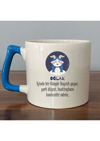 Oğlak Burcu ve Onla Alakalı Komik Açıklama Simgesi Baskılı Mavi Kulplu D Kupa