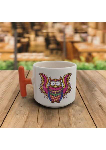 Uçan Baykuş Baskılı Turuncu Kulplu T Kupa