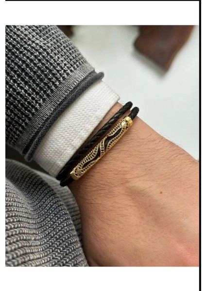 Erkek Bileklik - Deri Erkek Bileklik - Taşlı Altın Kaplama Erkek Bileklik - Snake Model