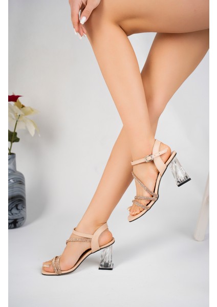 Ten Kadın Bilekten Dolama Üç Taşlı Şeffaf Topuklu Ayakkabı - Ten - 36