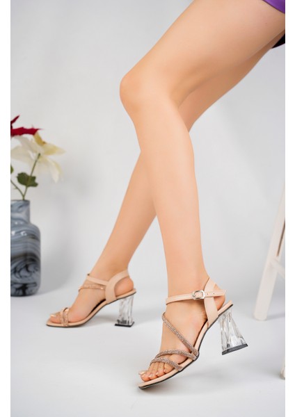 Ten Kadın Bilekten Dolama Üç Taşlı Şeffaf Topuklu Ayakkabı - Ten - 36 modelleri