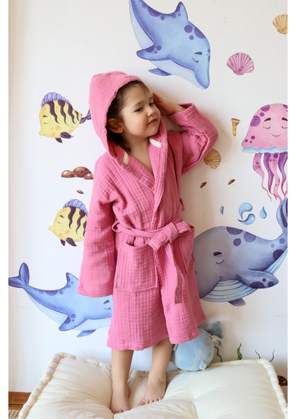 Müslin Bebek Çocuk Bornoz, %100 Pamuk 4 Kat Pembe