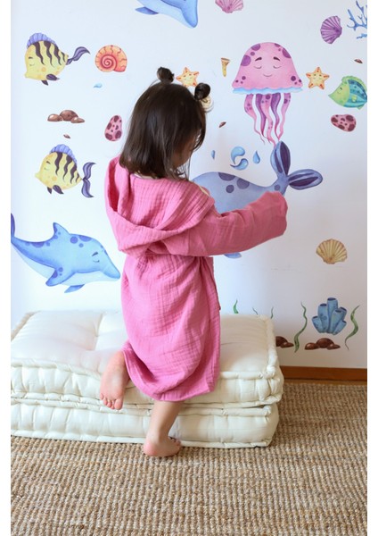 Müslin Bebek Çocuk Bornoz, %100 Pamuk 4 Kat Pembe