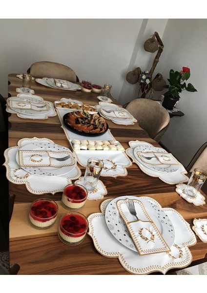 Başak Krem Gold Amerikan Servis 6 Kişilik 19 Parça Runner Seti Deri Yemek Sunum Takımı Nakışlı 6lı Supla