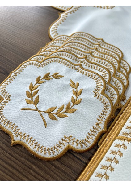 Başak Krem Gold Amerikan Servis 6 Kişilik 19 Parça Runner Seti Deri Yemek Sunum Takımı Nakışlı 6lı Supla