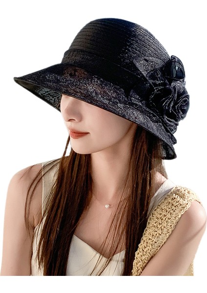 Eva Açık Gezi Organza Saksı Şapka Plaj Plaj Güneşlik Güneş Kremi Şapka - Siyah (Yurt Dışından)