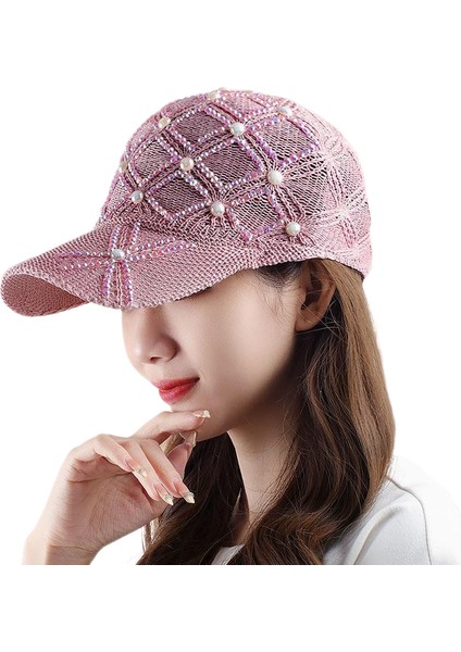 Eva Moda Rhinestone Ekose Kapak Örgü Nefes Alabilen Kadın Güneş Şapkası - Pembe (Yurt Dışından)
