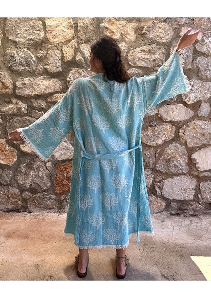 Jakarlı Kimono Mercan Desenli  %100 Pamuk Açık Mavi Std